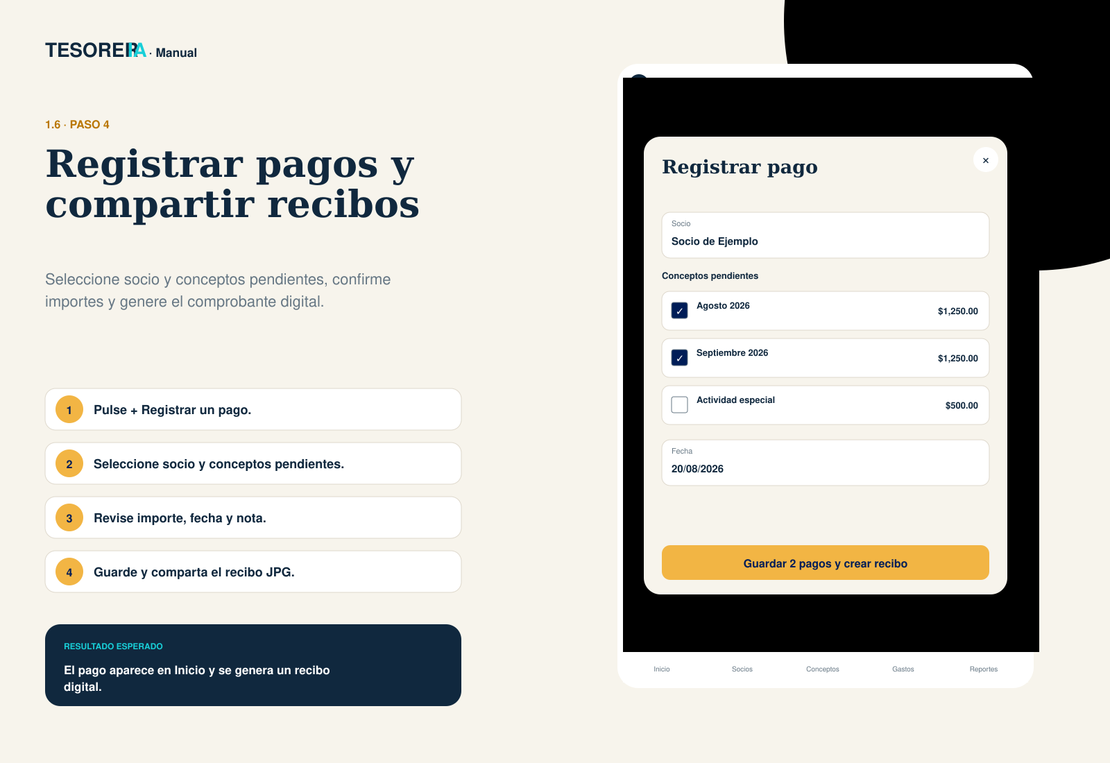 Guía visual para registrar pagos y compartir el recibo digital